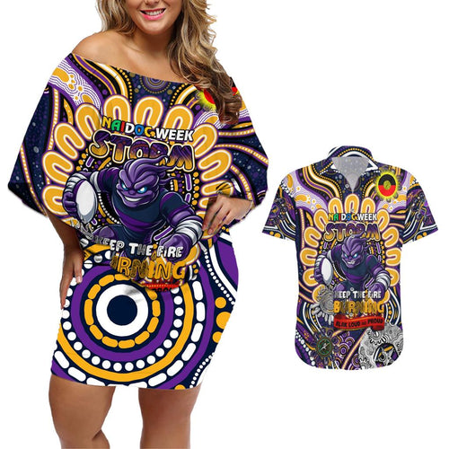 Custom NAIDOC Week 2024 Storm Couples Matching Off Shoulder Short Dress and Hawaiian Shirt Mascot Rugby