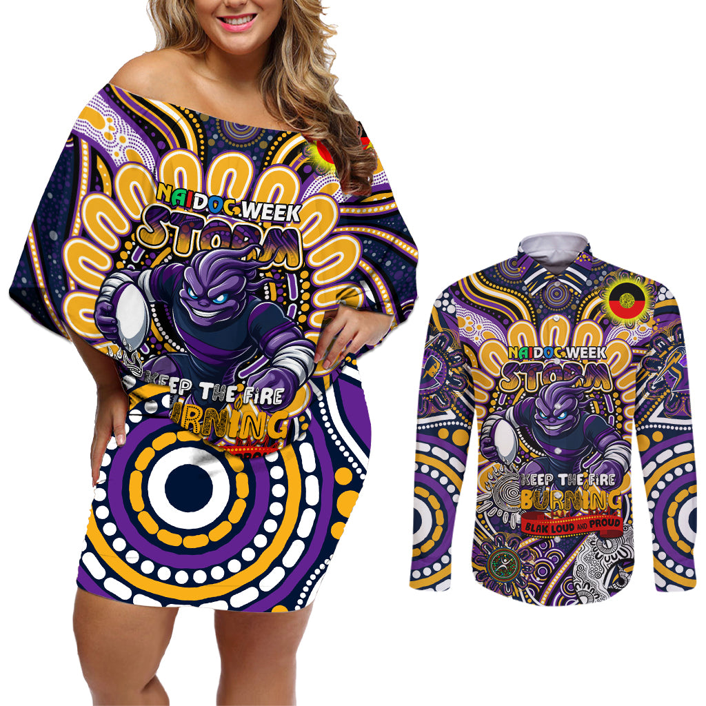 Custom NAIDOC Week 2024 Storm Couples Matching Off Shoulder Short Dress and Long Sleeve Button Shirt Mascot Rugby