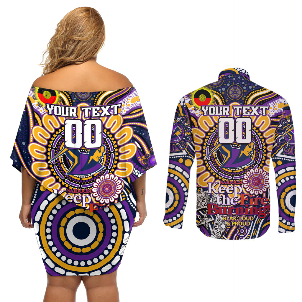 Custom NAIDOC Week 2024 Storm Couples Matching Off Shoulder Short Dress and Long Sleeve Button Shirt Mascot Rugby