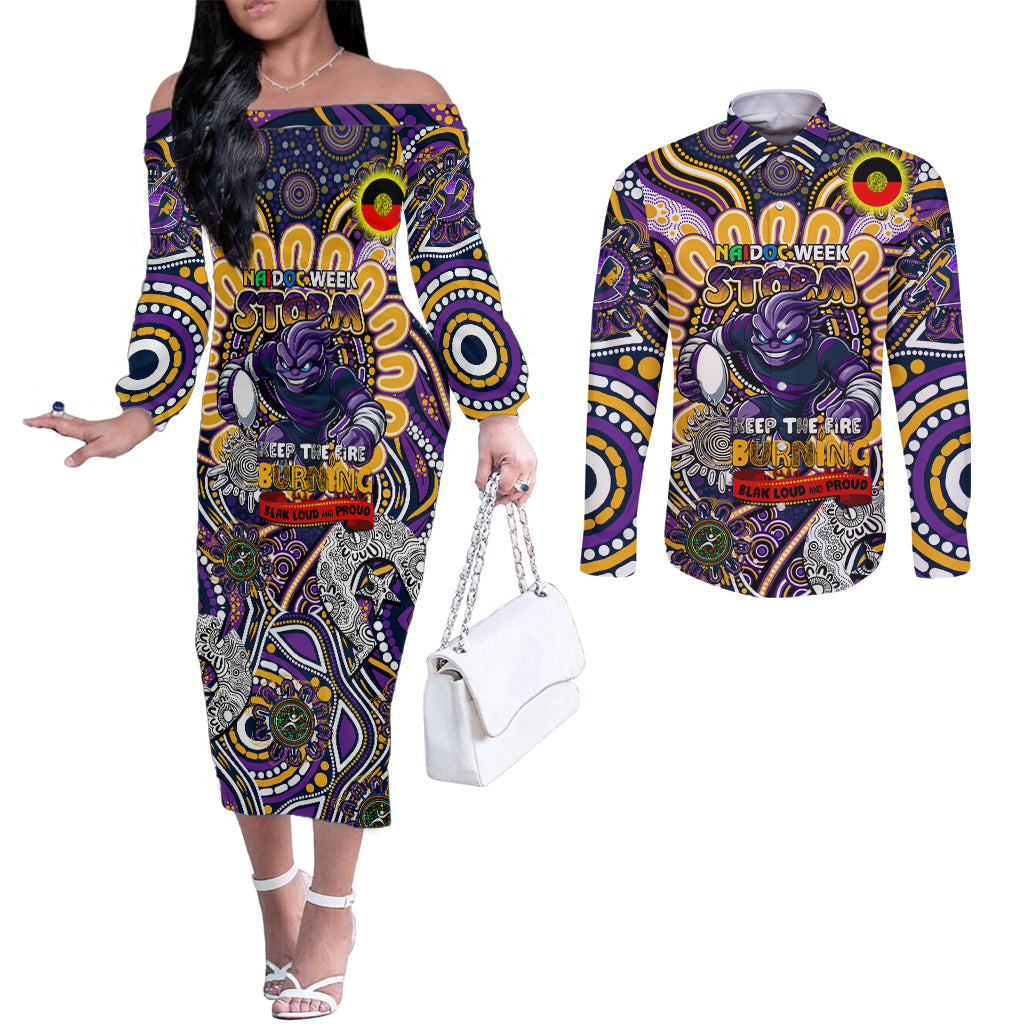 Custom NAIDOC Week 2024 Storm Couples Matching Off The Shoulder Long Sleeve Dress and Long Sleeve Button Shirt Mascot Rugby