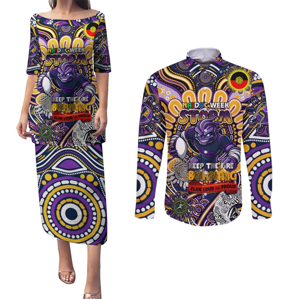 Custom NAIDOC Week 2024 Storm Couples Matching Puletasi and Long Sleeve Button Shirt Mascot Rugby