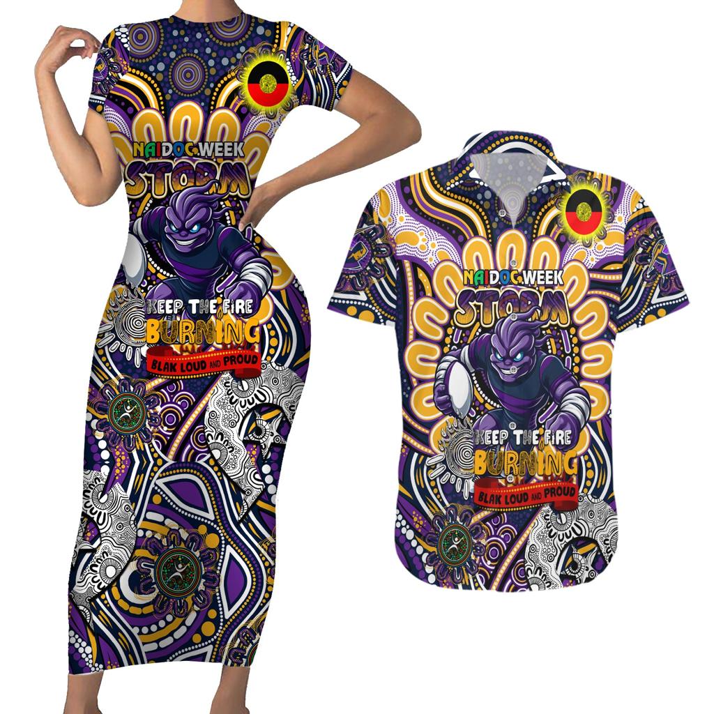 Custom NAIDOC Week 2024 Storm Couples Matching Short Sleeve Bodycon Dress and Hawaiian Shirt Mascot Rugby