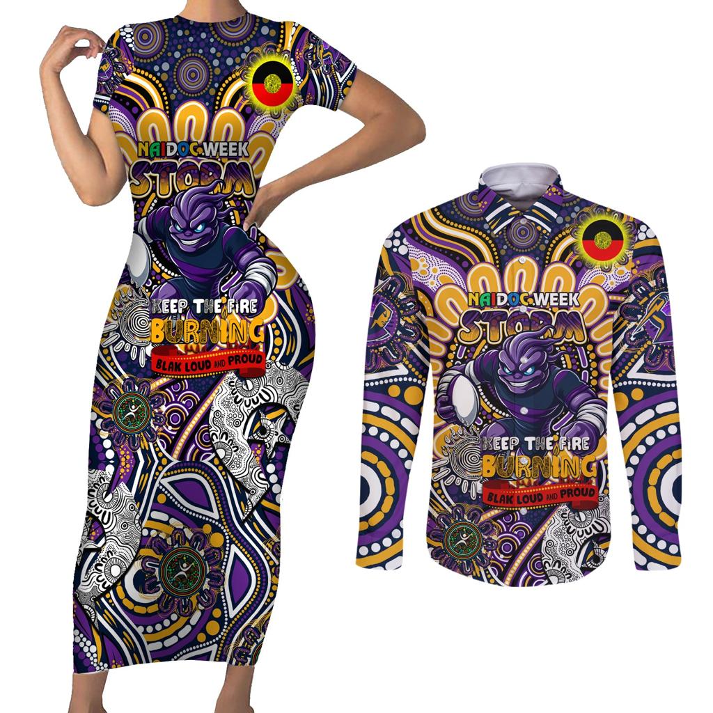 Custom NAIDOC Week 2024 Storm Couples Matching Short Sleeve Bodycon Dress and Long Sleeve Button Shirt Mascot Rugby