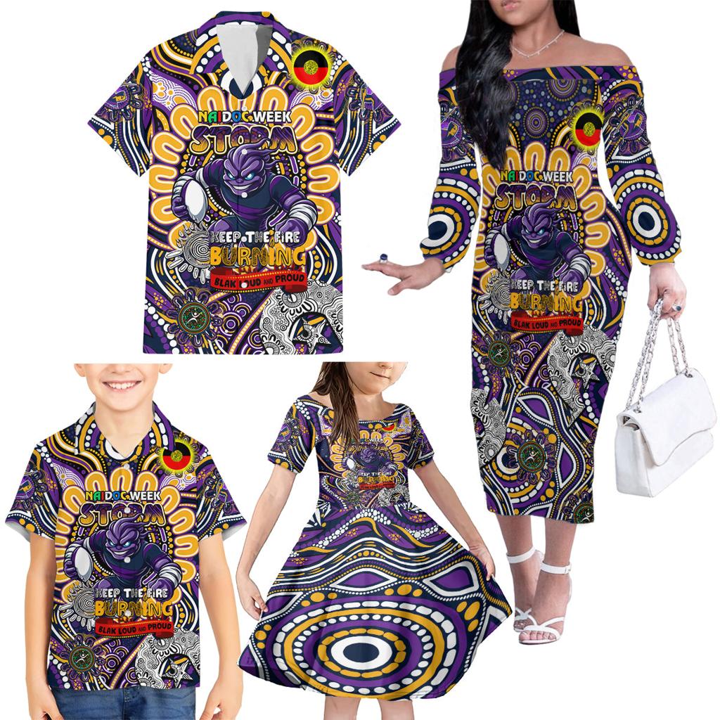 Custom NAIDOC Week 2024 Storm Family Matching Off The Shoulder Long Sleeve Dress and Hawaiian Shirt Mascot Rugby