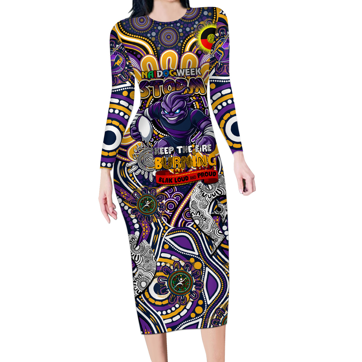 Custom NAIDOC Week 2024 Storm Long Sleeve Bodycon Dress Mascot Rugby