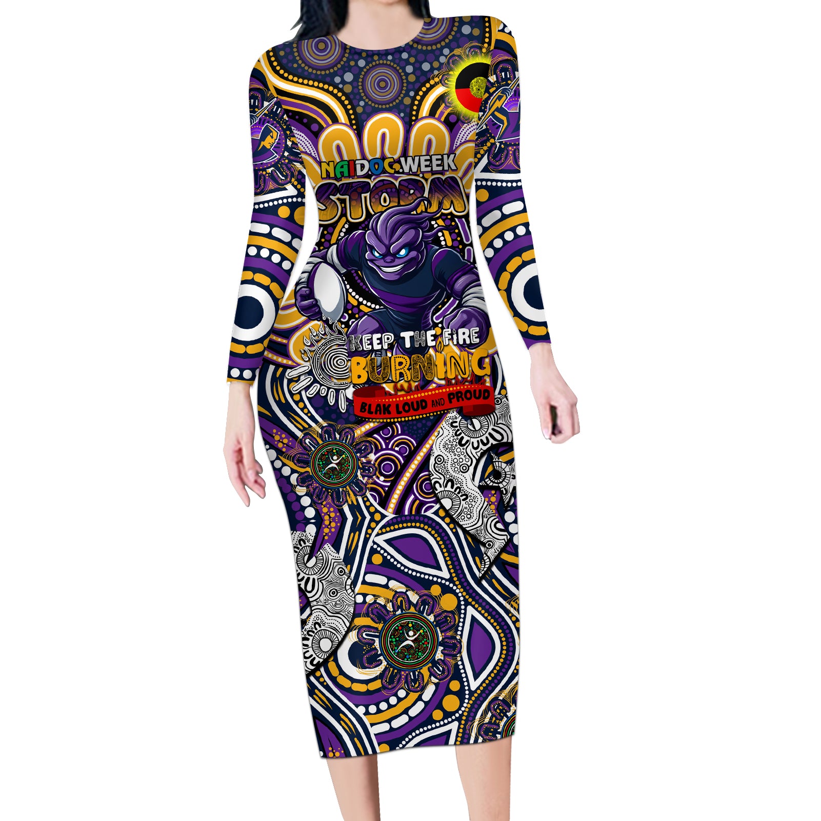 Custom NAIDOC Week 2024 Storm Long Sleeve Bodycon Dress Mascot Rugby