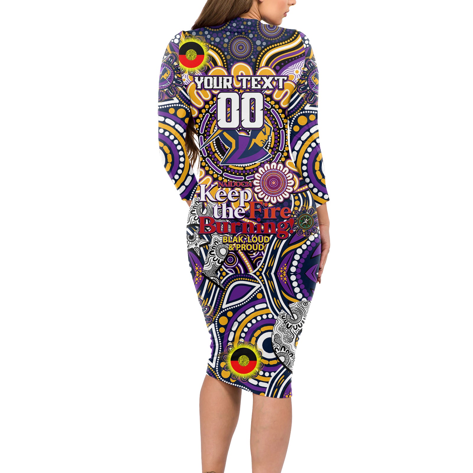 Custom NAIDOC Week 2024 Storm Long Sleeve Bodycon Dress Mascot Rugby