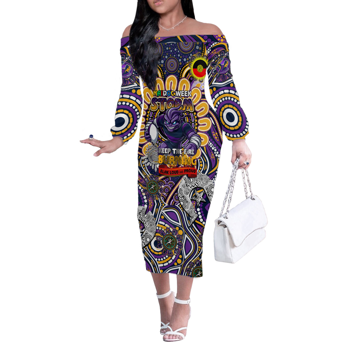 Custom NAIDOC Week 2024 Storm Off The Shoulder Long Sleeve Dress Mascot Rugby
