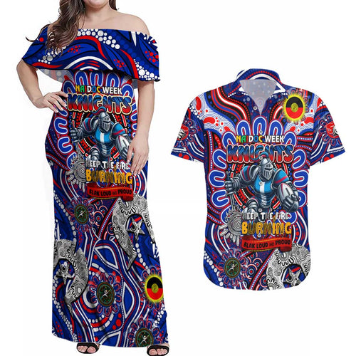 Custom NAIDOC Week 2024 Knights Couples Matching Off Shoulder Maxi Dress and Hawaiian Shirt Mascot Rugby DT02