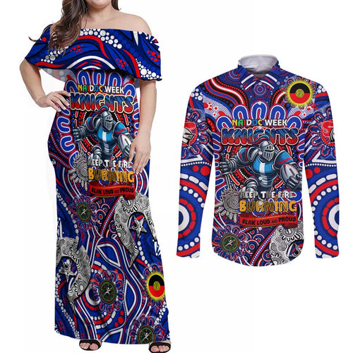 Custom NAIDOC Week 2024 Knights Couples Matching Off Shoulder Maxi Dress and Long Sleeve Button Shirt Mascot Rugby DT02