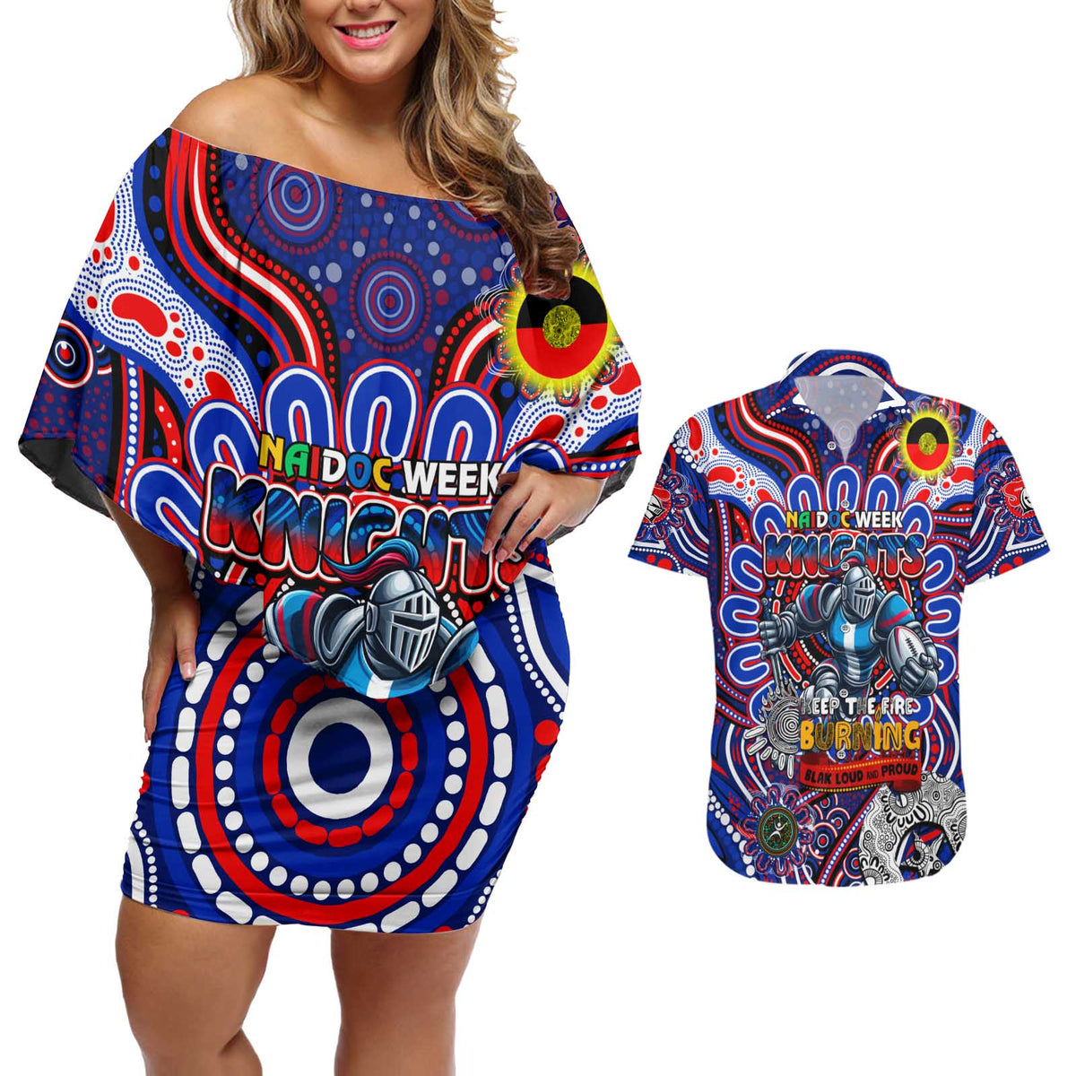 Custom NAIDOC Week 2024 Knights Couples Matching Off Shoulder Short Dress and Hawaiian Shirt Mascot Rugby DT02