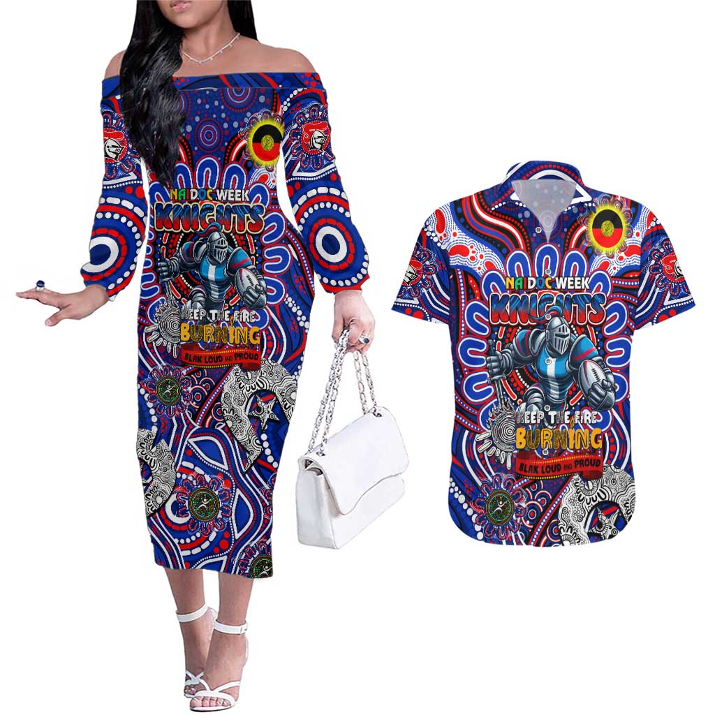 Custom NAIDOC Week 2024 Knights Couples Matching Off The Shoulder Long Sleeve Dress and Hawaiian Shirt Mascot Rugby DT02