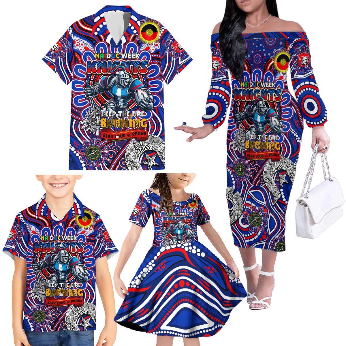 Custom NAIDOC Week 2024 Knights Family Matching Off The Shoulder Long Sleeve Dress and Hawaiian Shirt Mascot Rugby DT02