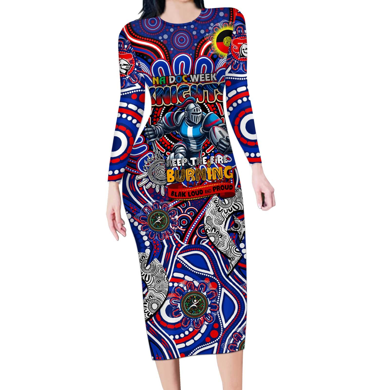 Custom NAIDOC Week 2024 Knights Long Sleeve Bodycon Dress Mascot Rugby DT02