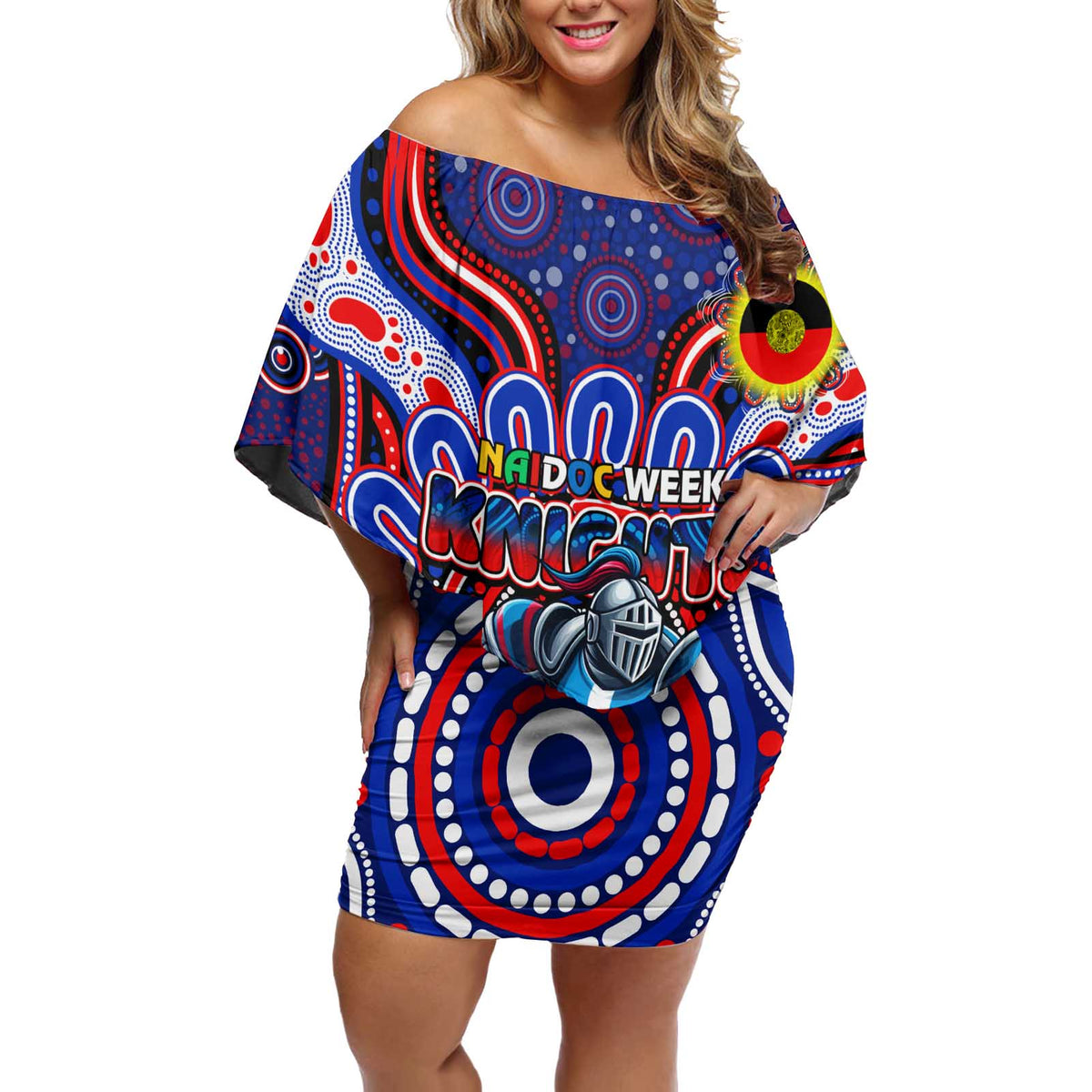 Custom NAIDOC Week 2024 Knights Off Shoulder Short Dress Mascot Rugby DT02