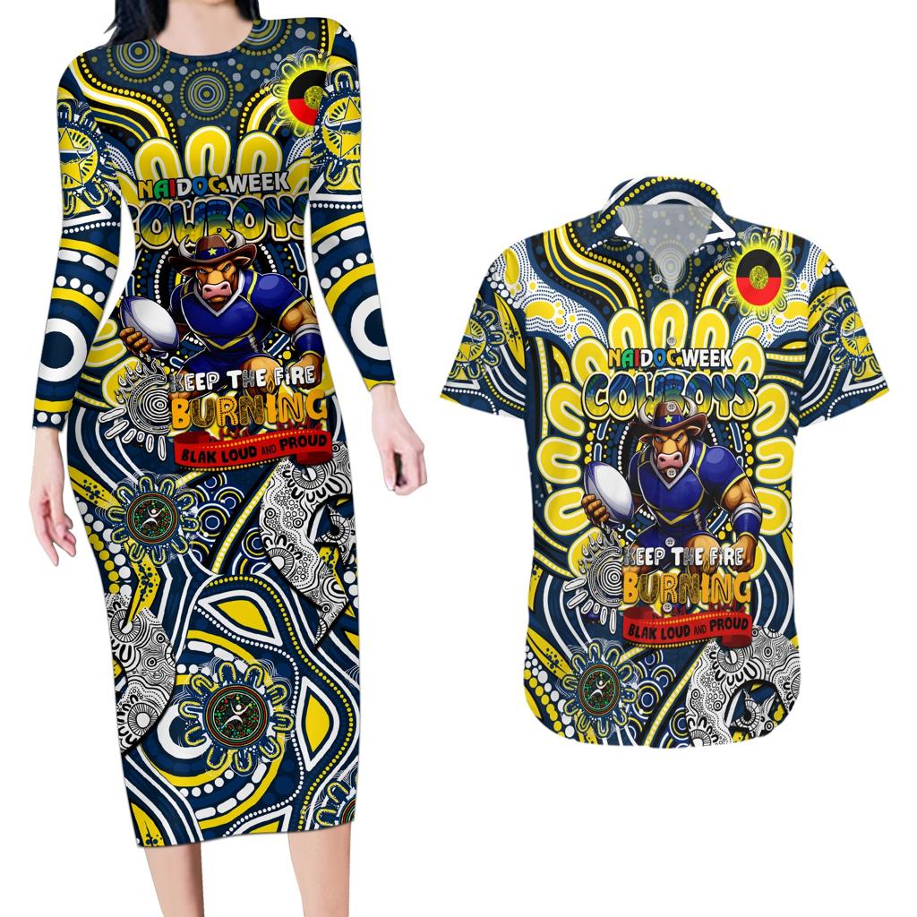 Custom NAIDOC Week 2024 Cowboys Couples Matching Long Sleeve Bodycon Dress and Hawaiian Shirt Mascot Rugby