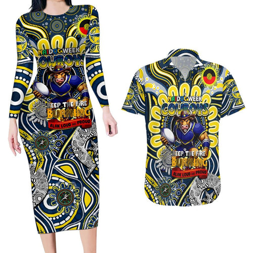 Custom NAIDOC Week 2024 Cowboys Couples Matching Long Sleeve Bodycon Dress and Hawaiian Shirt Mascot Rugby