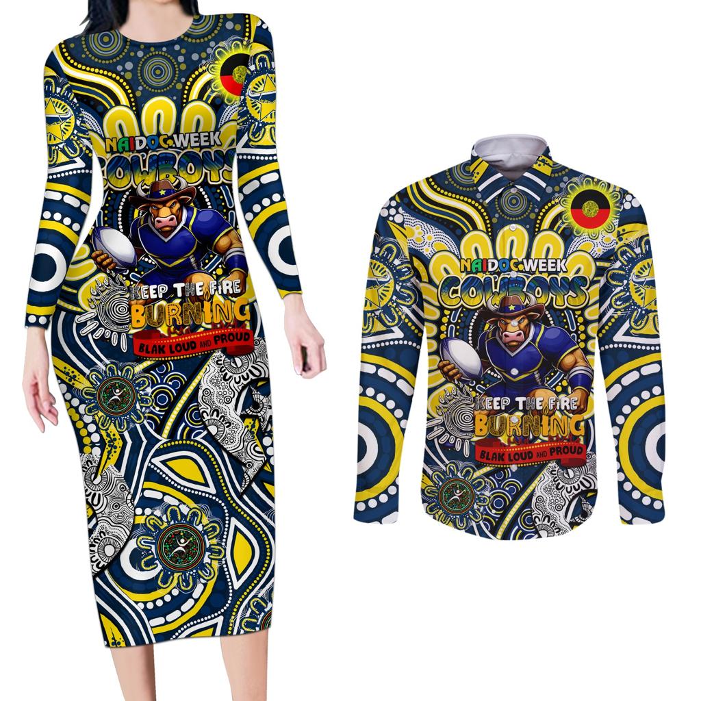 Custom NAIDOC Week 2024 Cowboys Couples Matching Long Sleeve Bodycon Dress and Long Sleeve Button Shirt Mascot Rugby