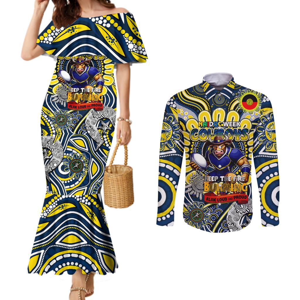 Custom NAIDOC Week 2024 Cowboys Couples Matching Mermaid Dress and Long Sleeve Button Shirt Mascot Rugby