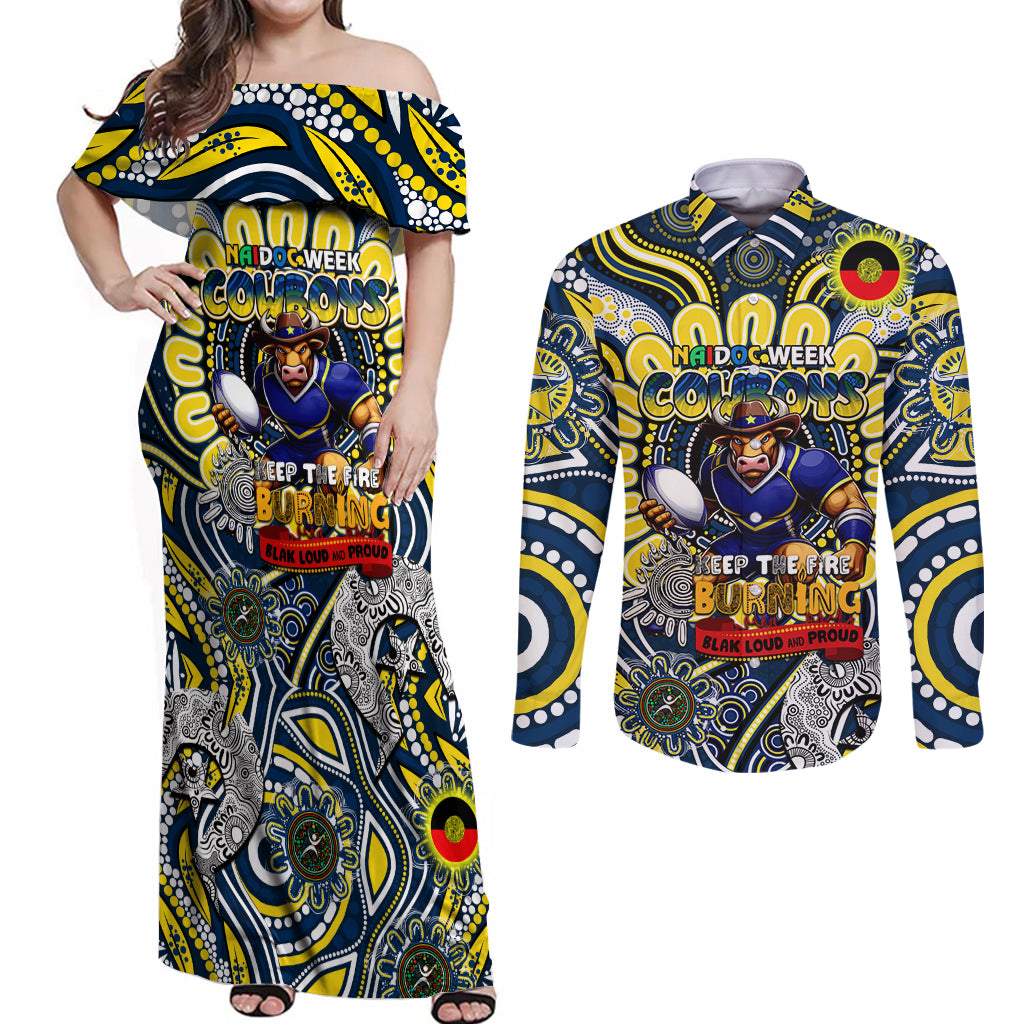 Custom NAIDOC Week 2024 Cowboys Couples Matching Off Shoulder Maxi Dress and Long Sleeve Button Shirt Mascot Rugby