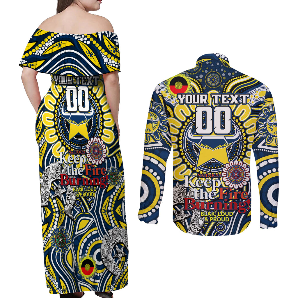Custom NAIDOC Week 2024 Cowboys Couples Matching Off Shoulder Maxi Dress and Long Sleeve Button Shirt Mascot Rugby
