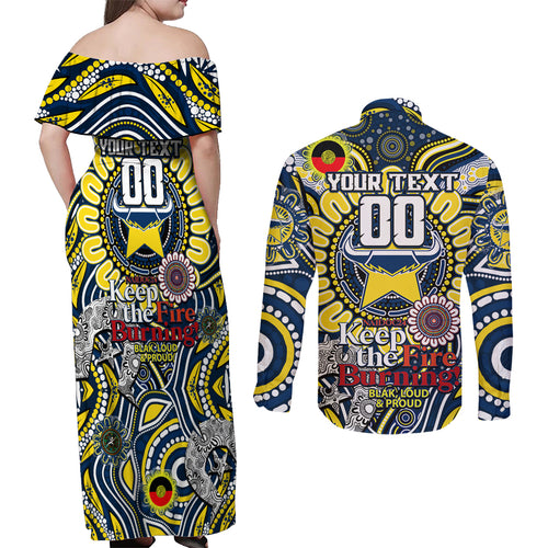 Custom NAIDOC Week 2024 Cowboys Couples Matching Off Shoulder Maxi Dress and Long Sleeve Button Shirt Mascot Rugby