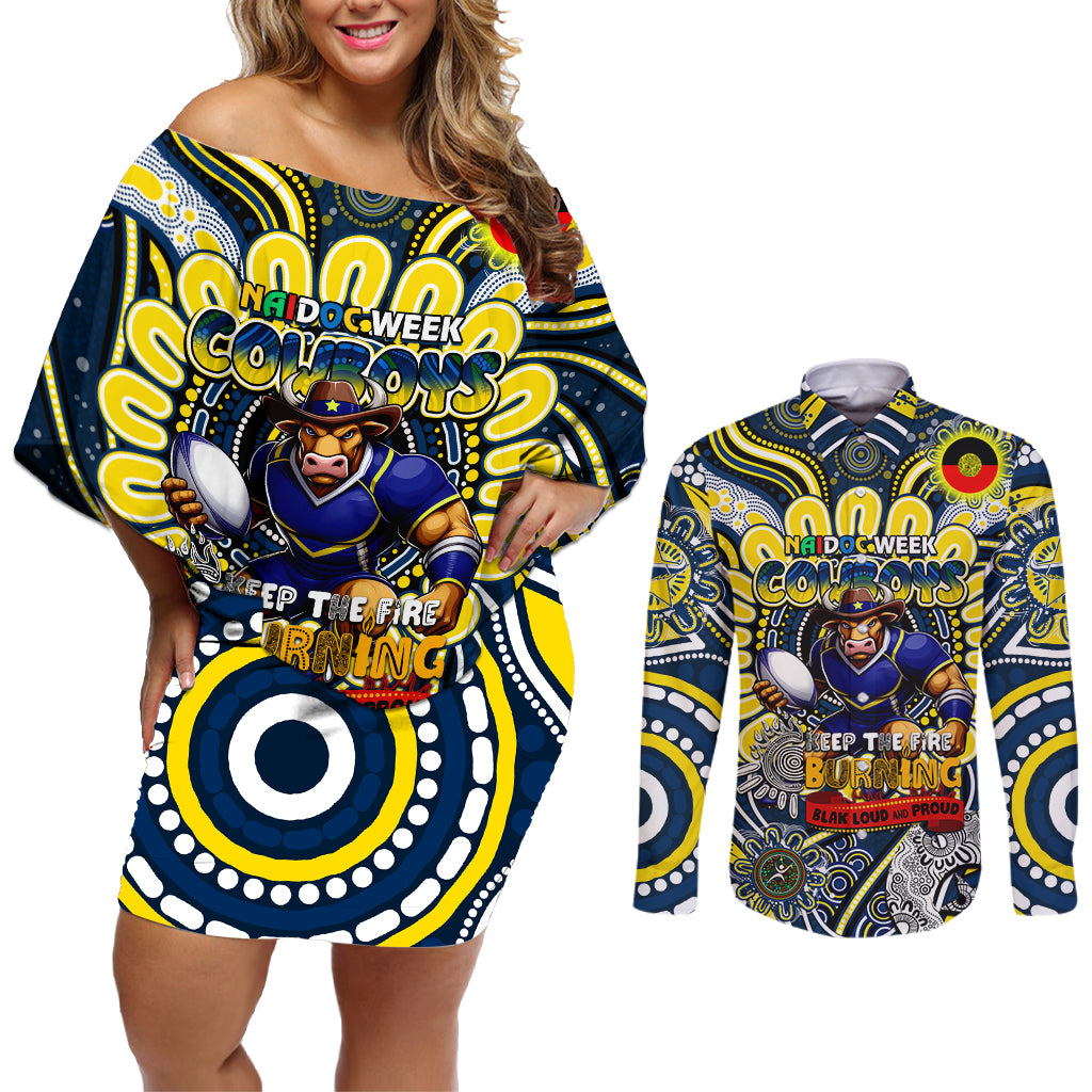 Custom NAIDOC Week 2024 Cowboys Couples Matching Off Shoulder Short Dress and Long Sleeve Button Shirt Mascot Rugby