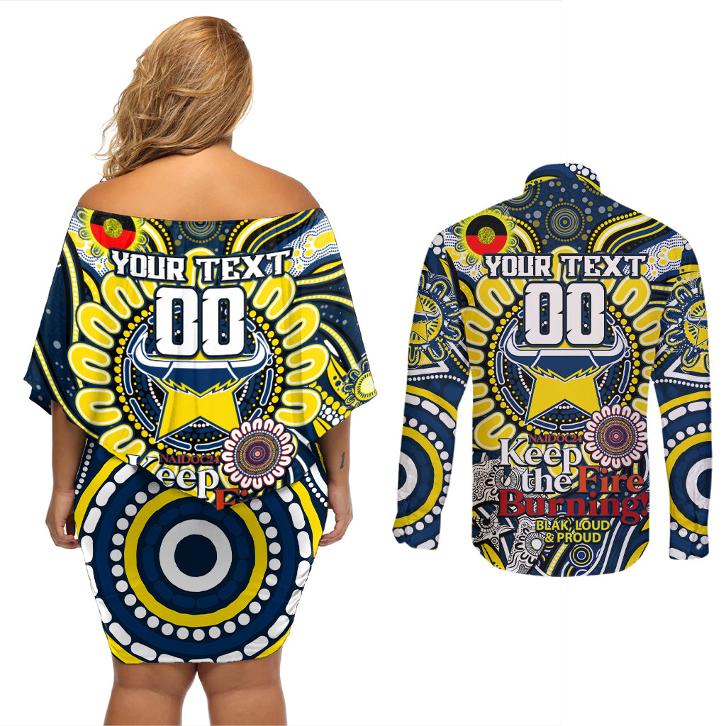 Custom NAIDOC Week 2024 Cowboys Couples Matching Off Shoulder Short Dress and Long Sleeve Button Shirt Mascot Rugby
