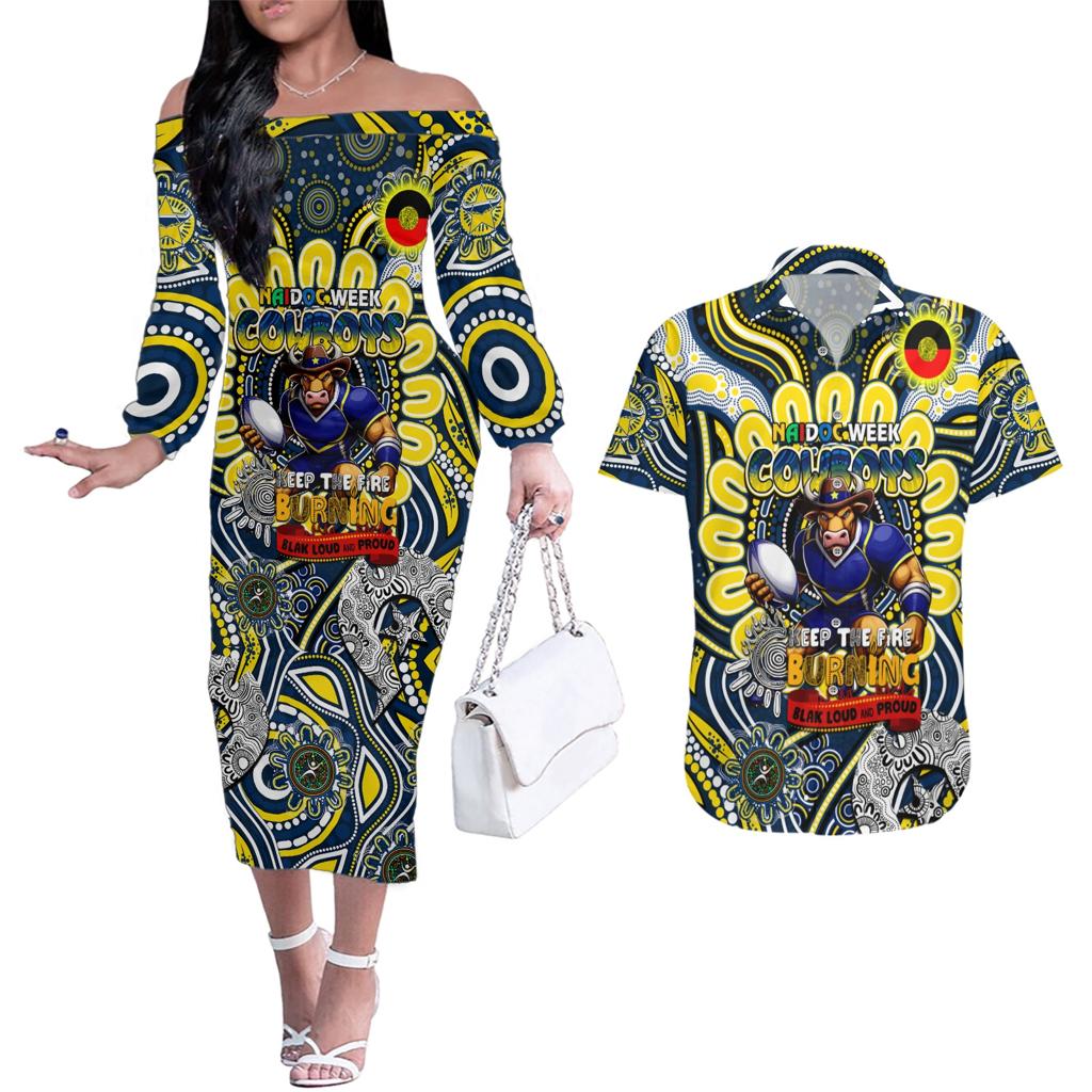 Custom NAIDOC Week 2024 Cowboys Couples Matching Off The Shoulder Long Sleeve Dress and Hawaiian Shirt Mascot Rugby