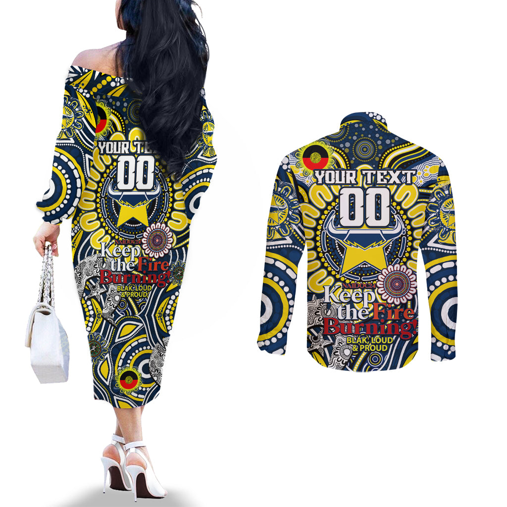 Custom NAIDOC Week 2024 Cowboys Couples Matching Off The Shoulder Long Sleeve Dress and Long Sleeve Button Shirt Mascot Rugby