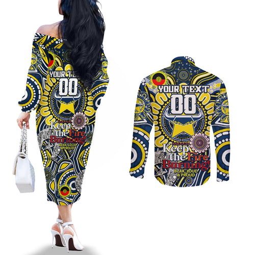 Custom NAIDOC Week 2024 Cowboys Couples Matching Off The Shoulder Long Sleeve Dress and Long Sleeve Button Shirt Mascot Rugby