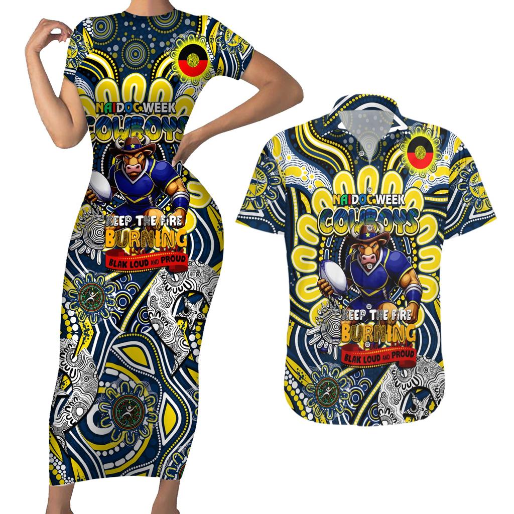 Custom NAIDOC Week 2024 Cowboys Couples Matching Short Sleeve Bodycon Dress and Hawaiian Shirt Mascot Rugby