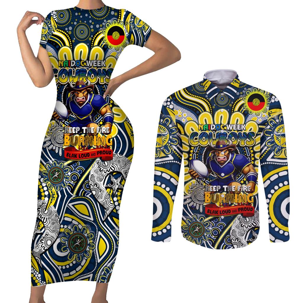 Custom NAIDOC Week 2024 Cowboys Couples Matching Short Sleeve Bodycon Dress and Long Sleeve Button Shirt Mascot Rugby