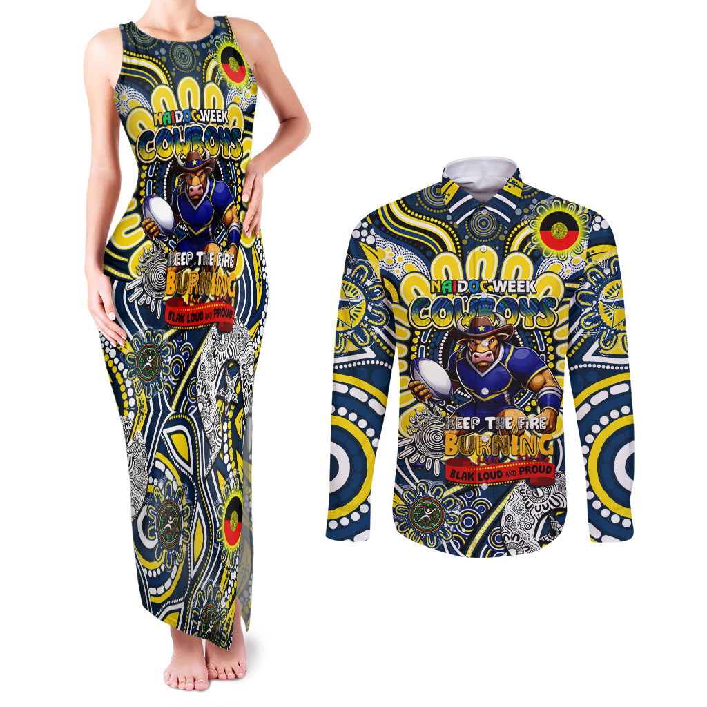 Custom NAIDOC Week 2024 Cowboys Couples Matching Tank Maxi Dress and Long Sleeve Button Shirt Mascot Rugby
