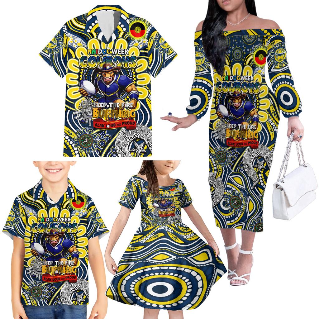 Custom NAIDOC Week 2024 Cowboys Family Matching Off The Shoulder Long Sleeve Dress and Hawaiian Shirt Mascot Rugby