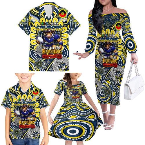 Custom NAIDOC Week 2024 Cowboys Family Matching Off The Shoulder Long Sleeve Dress and Hawaiian Shirt Mascot Rugby