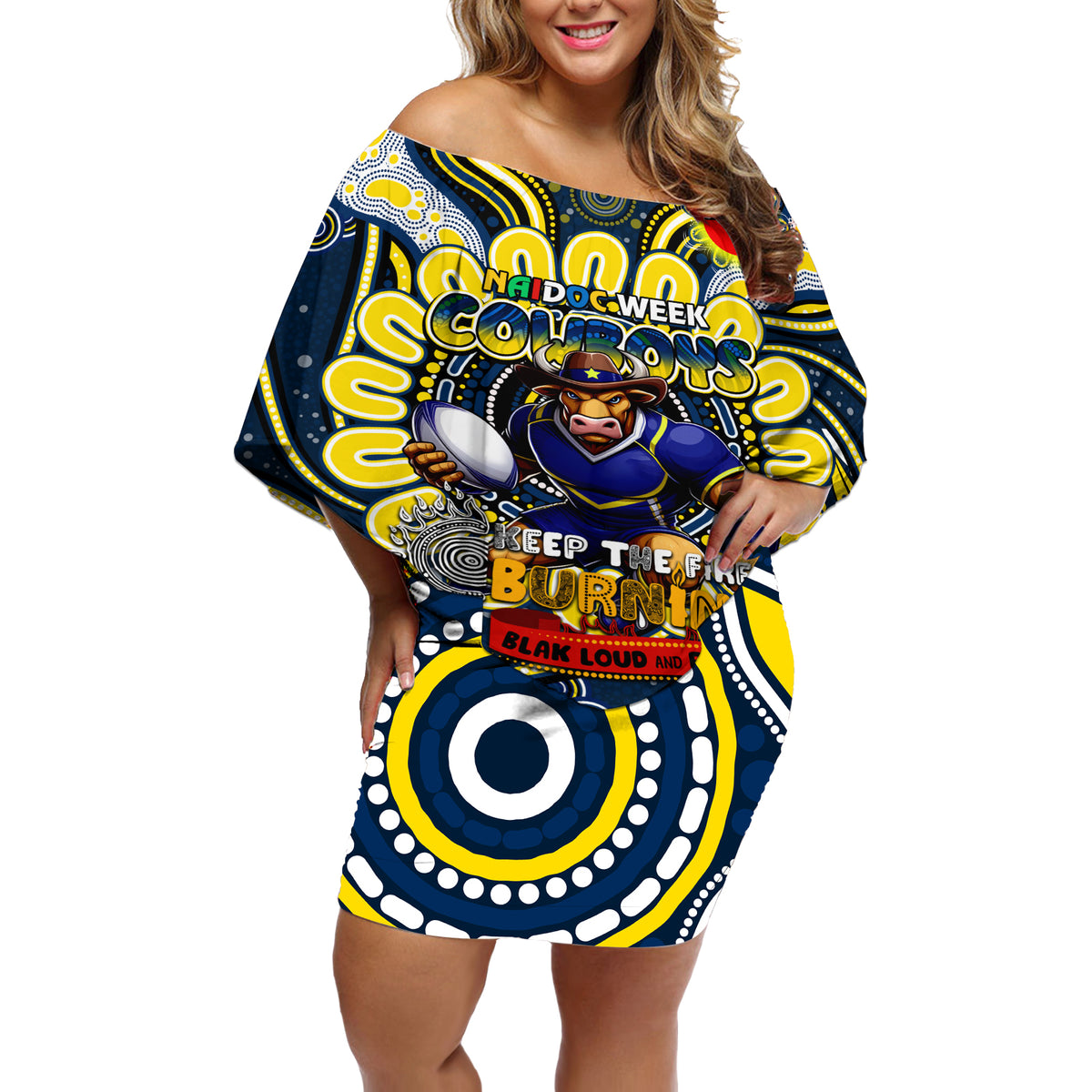 Custom NAIDOC Week 2024 Cowboys Off Shoulder Short Dress Mascot Rugby