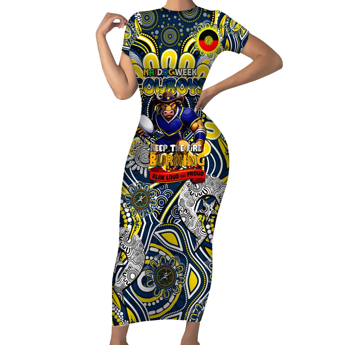 Custom NAIDOC Week 2024 Cowboys Short Sleeve Bodycon Dress Mascot Rugby