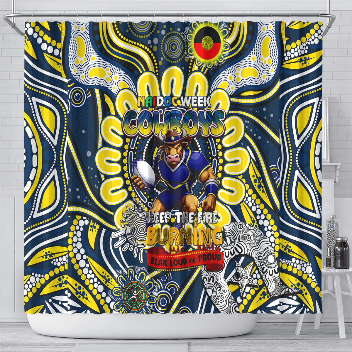 NAIDOC Week 2024 Cowboys Shower Curtain Mascot Rugby
