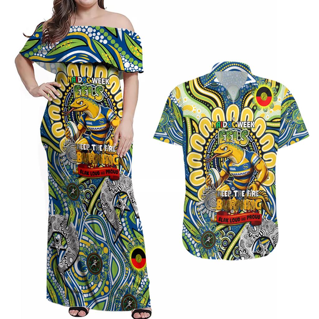 Custom NAIDOC Week 2024 Eels Couples Matching Off Shoulder Maxi Dress and Hawaiian Shirt Mascot Rugby