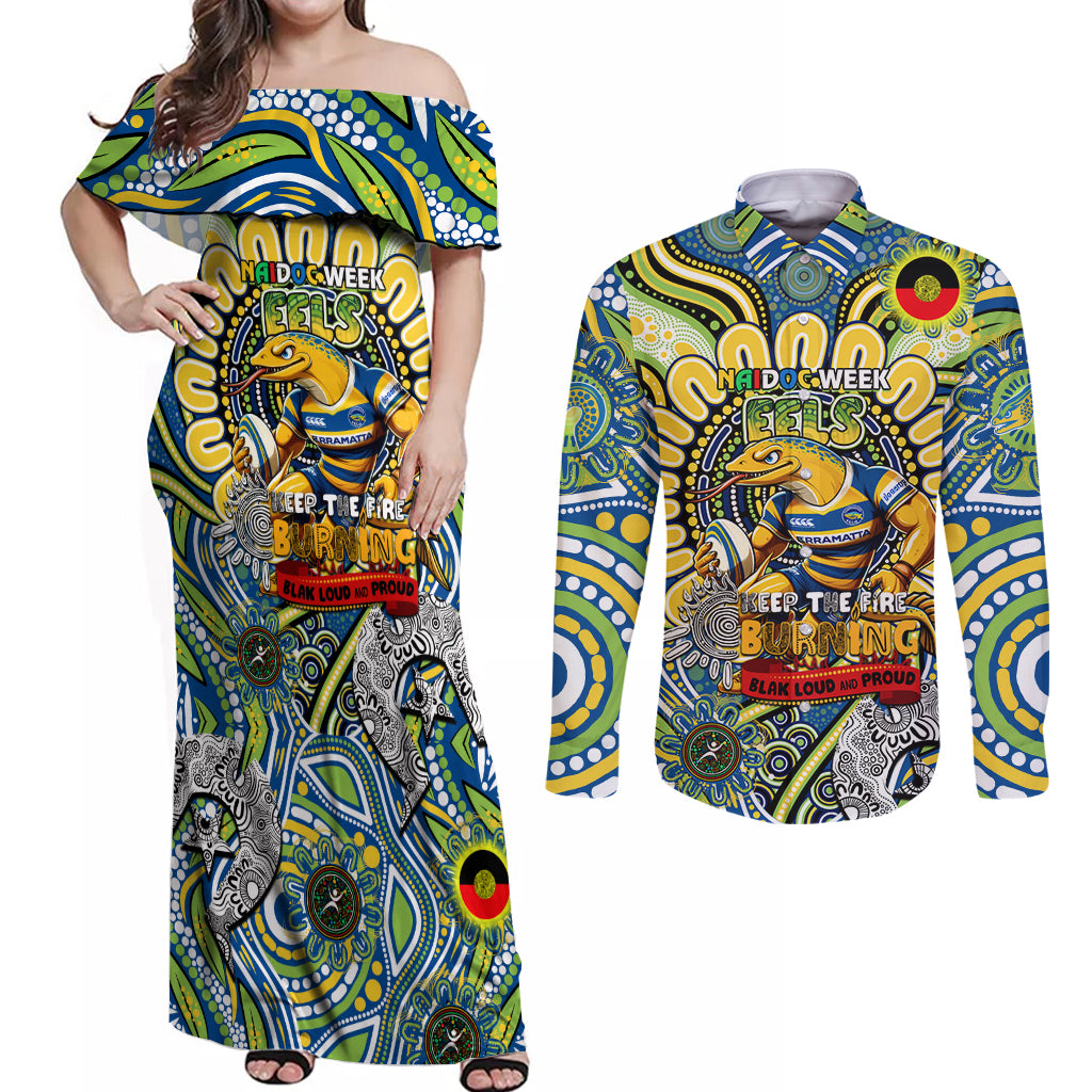 Custom NAIDOC Week 2024 Eels Couples Matching Off Shoulder Maxi Dress and Long Sleeve Button Shirt Mascot Rugby