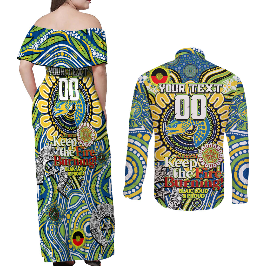 Custom NAIDOC Week 2024 Eels Couples Matching Off Shoulder Maxi Dress and Long Sleeve Button Shirt Mascot Rugby