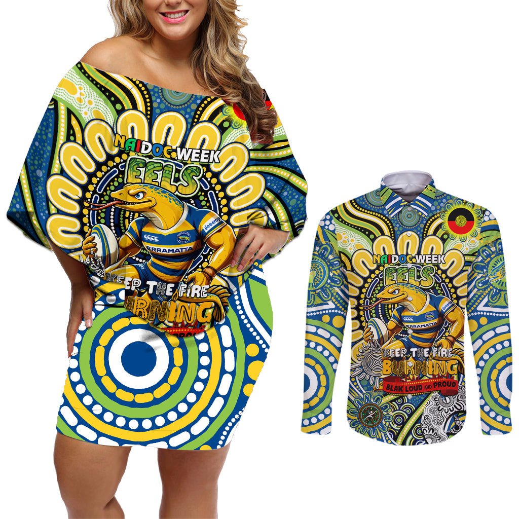 Custom NAIDOC Week 2024 Eels Couples Matching Off Shoulder Short Dress and Long Sleeve Button Shirt Mascot Rugby