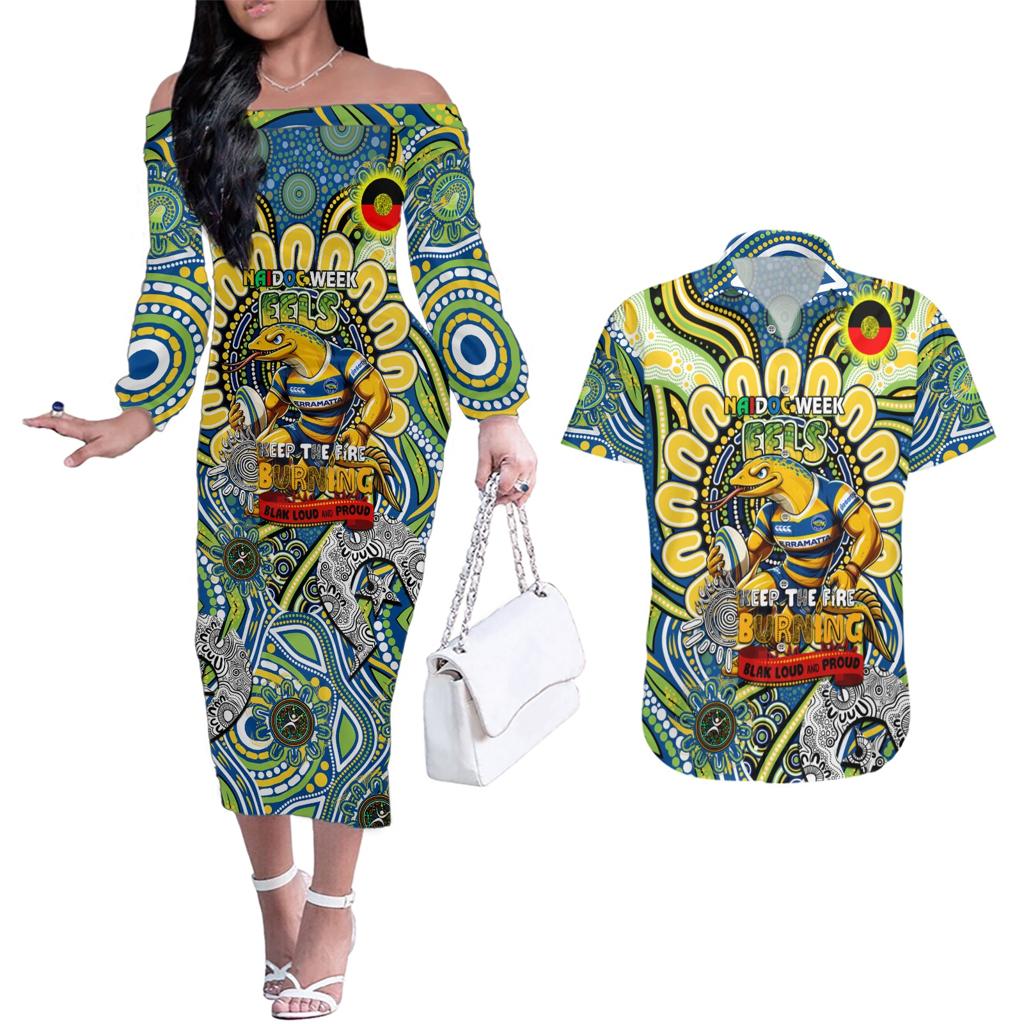 Custom NAIDOC Week 2024 Eels Couples Matching Off The Shoulder Long Sleeve Dress and Hawaiian Shirt Mascot Rugby