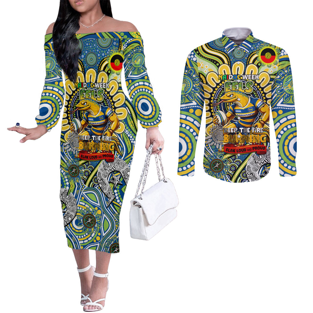 Custom NAIDOC Week 2024 Eels Couples Matching Off The Shoulder Long Sleeve Dress and Long Sleeve Button Shirt Mascot Rugby