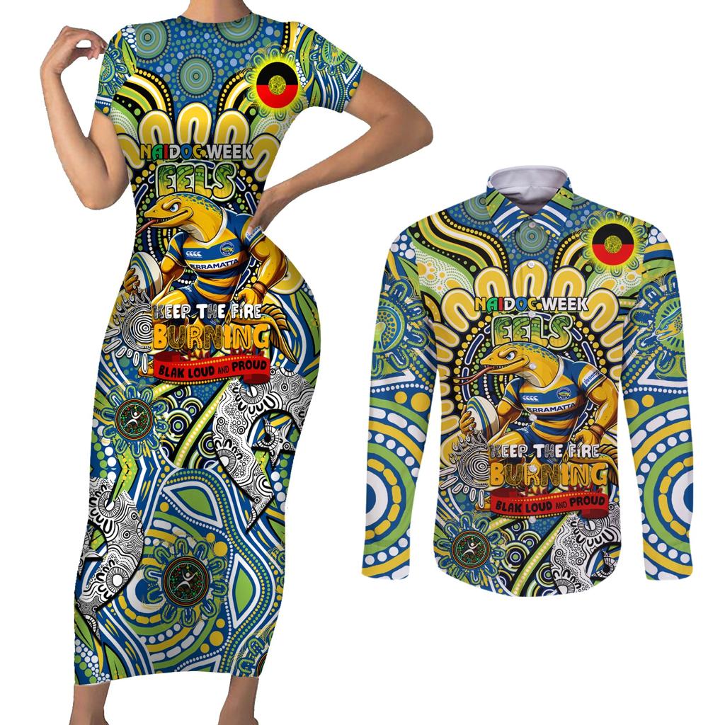 Custom NAIDOC Week 2024 Eels Couples Matching Short Sleeve Bodycon Dress and Long Sleeve Button Shirt Mascot Rugby