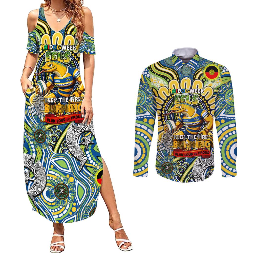 Custom NAIDOC Week 2024 Eels Couples Matching Summer Maxi Dress and Long Sleeve Button Shirt Mascot Rugby