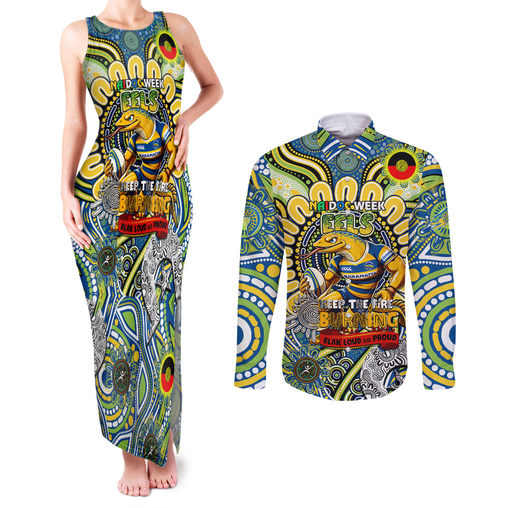 Custom NAIDOC Week 2024 Eels Couples Matching Tank Maxi Dress and Long Sleeve Button Shirt Mascot Rugby