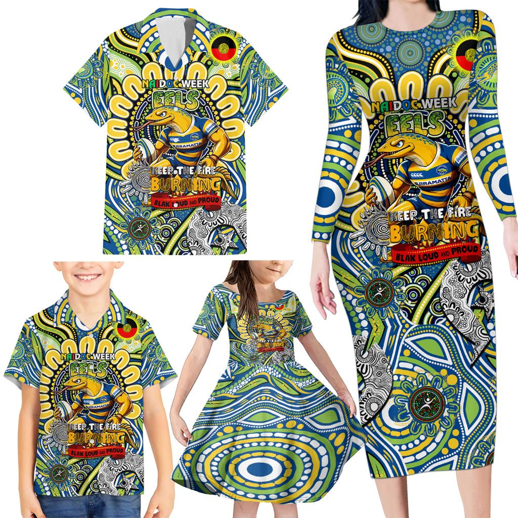 Custom NAIDOC Week 2024 Eels Family Matching Long Sleeve Bodycon Dress and Hawaiian Shirt Mascot Rugby