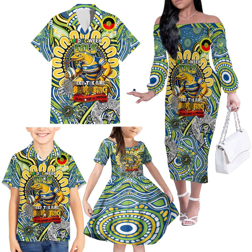 Custom NAIDOC Week 2024 Eels Family Matching Off The Shoulder Long Sleeve Dress and Hawaiian Shirt Mascot Rugby